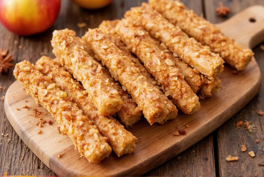 Variety of apple cinnamon straws showing different sizes, shapes, and toppings on rustic wooden board