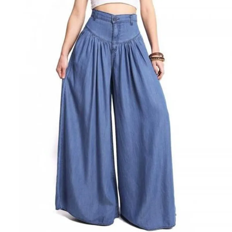 

Lady Summer Fashion Casual Loose Black Denim Blue Trousers High Waist Pockets Wide Leg Pants, Black/blue