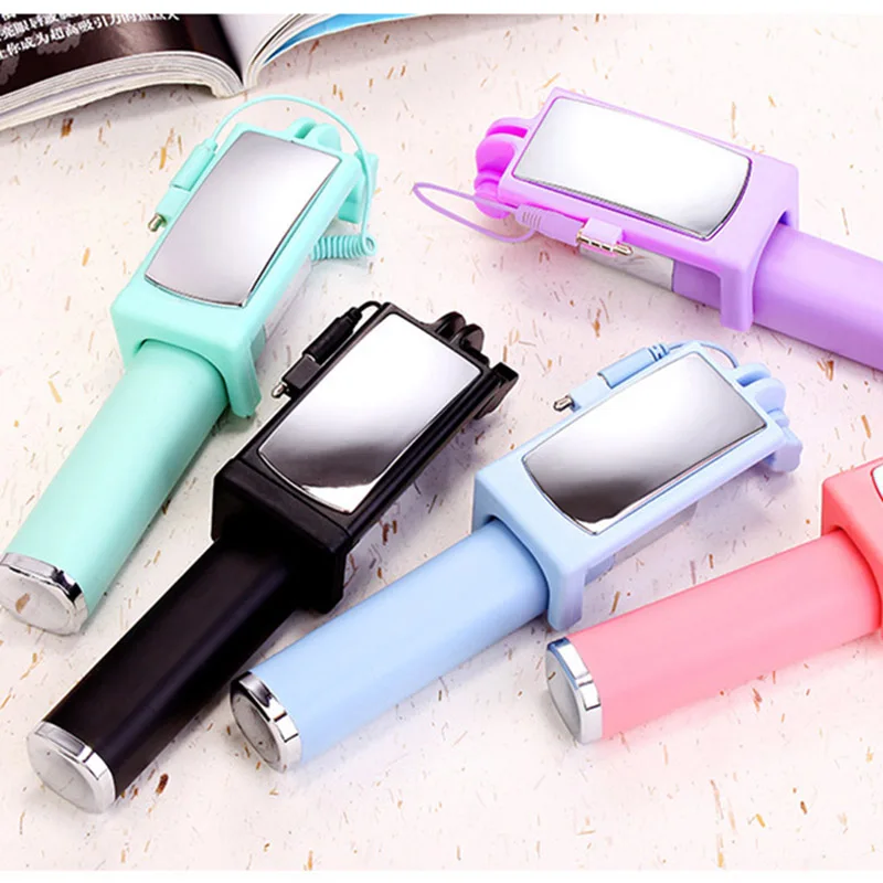 

Foldable Mini Wired Selfie Stick with mirror portable Extendable Monopod line control shutter Handle selfie pole for cell phone