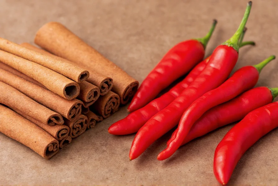 Cinnamon sticks next to chili peppers showing visual comparison of warming versus spicy ingredients