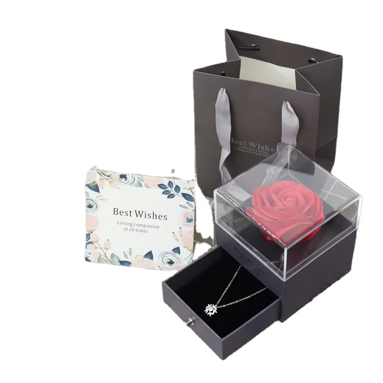 

Acrylic Jewelry Necklace Proposal Ring Eternal Jewelry Birthday Valentine's Day Present Rose Flower In Square Gift Box, Grey/blue