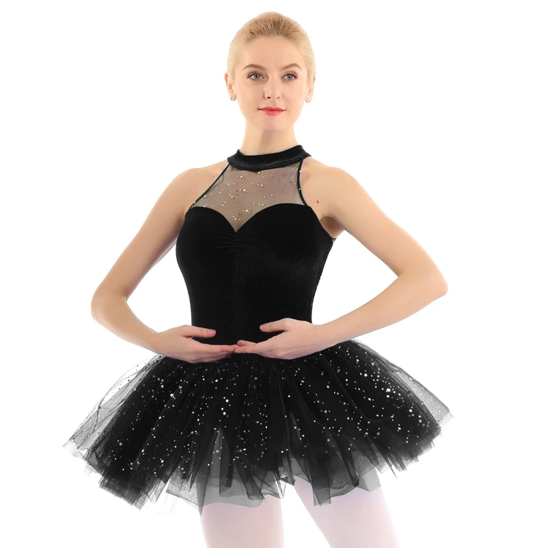 

iEFiEL Women Adult Ballet Dance Performance Dress Shiny Sequins Sleeveless Swan Lake Dress Bodice Ballet Dancewear