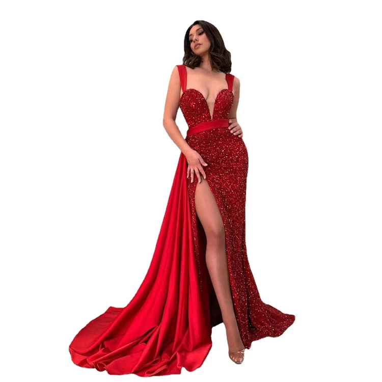 

Fashion high slit solid pure color elegent long length deep v-neck sexy party robe dress casual dress