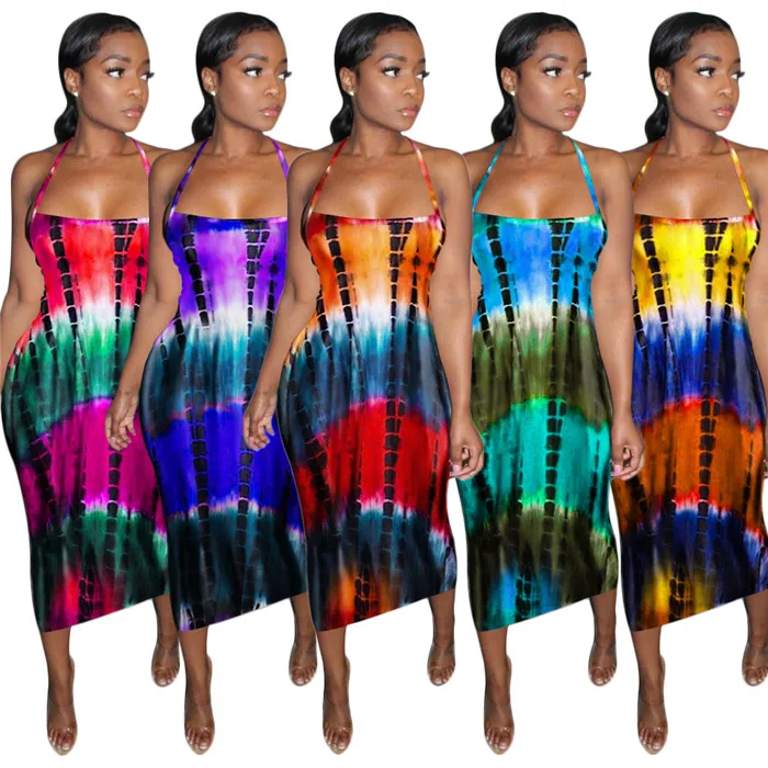 

S0126-hot summer 2021 women clothing backless slip dress tie dye midi dresses casual