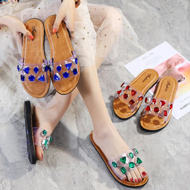 

SD-275 Cheap & high quality bulk wholesale PVC transparent beaded slipper for women with PU leather sole flat beach sandals, Picture show , squine colors