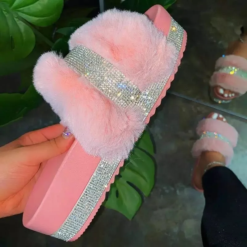 

Fashion Autumn Winter Outdoor Platform Thick Bottom Flat Pink Fur Slippers Womens Lady Rhinestone Fur Slippers, 4 colours