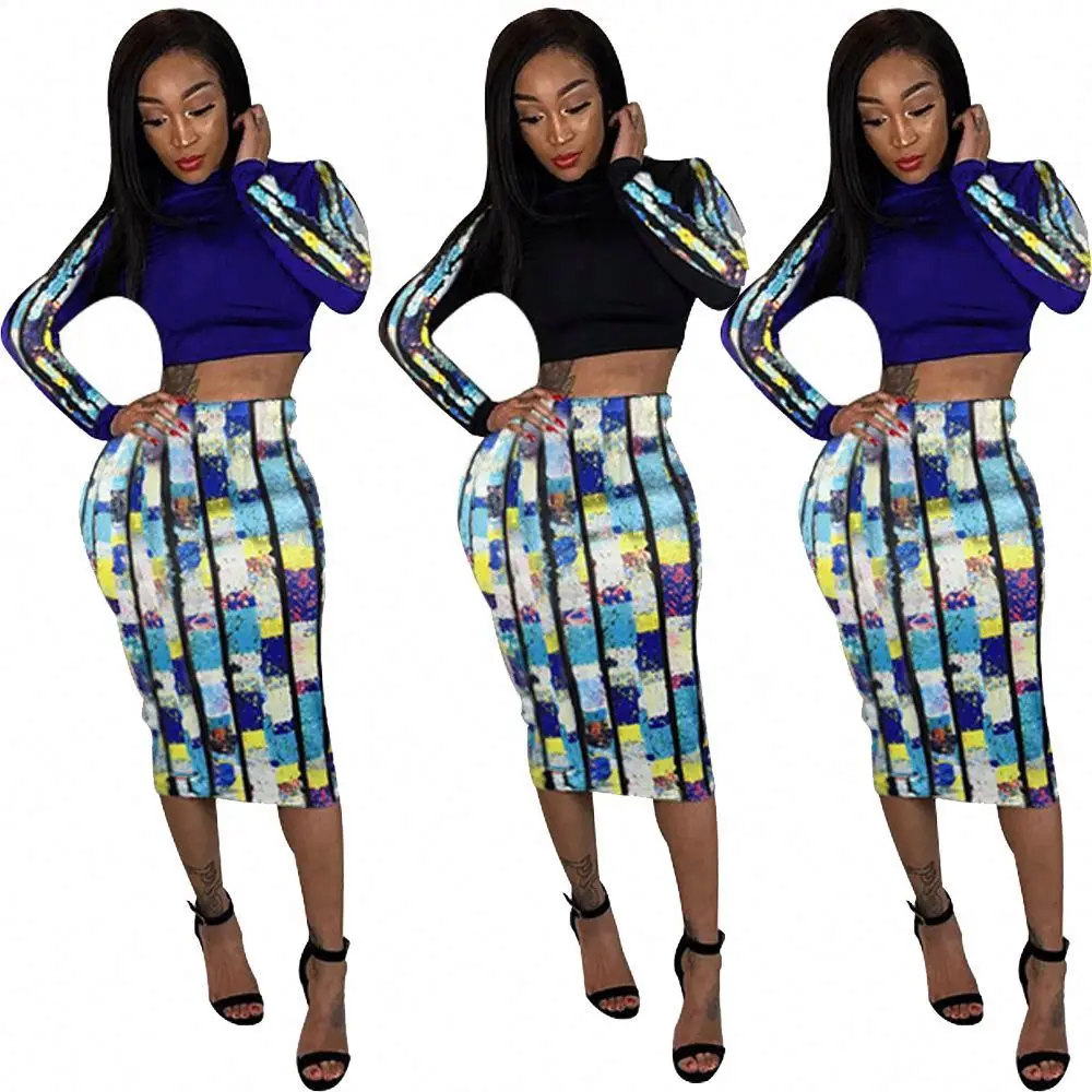 

2021 Fall Set Fashion Print Patchwork Color Sexy Womens High Collar Long Sleeves Crop Top And Bodycon Midi Skirt Set, As pictures showed