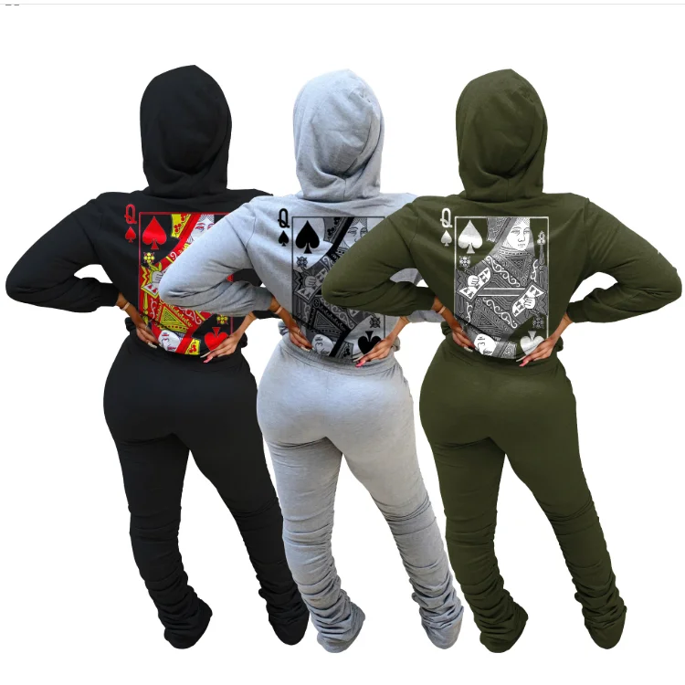 

High Quality Ladies Print Hoodies Tops And Pleated Pants Jogger Outfit Spring Women 2 Piece Set, Picture