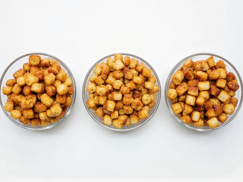 Three bowls of homemade croutons with different seasonings