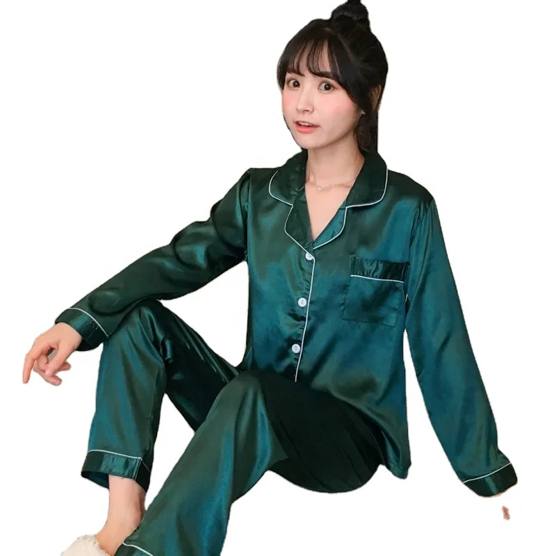 

Best Selling Women's Pure Colors Sleepwear Turn Down Collar Silk Satin Girls Plus Size Pajamas, Red/sliver/blue/green/purple/pink/golden