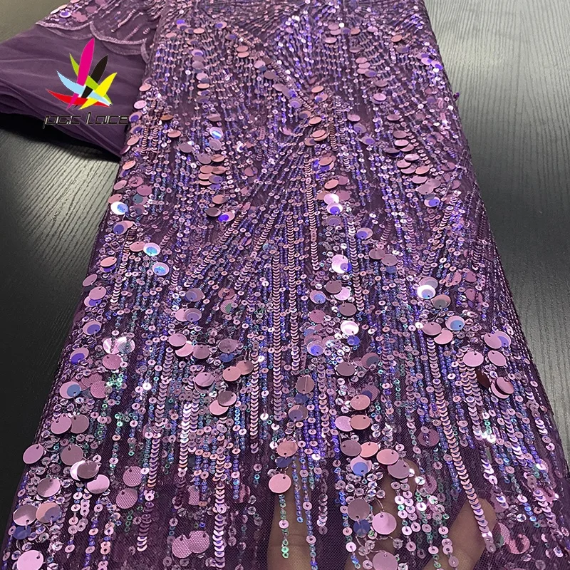 

2020 African Nigerian Dubai Mesh Tulle Net Embroidered Applique Bridal Sequin 3D Polyester Purple Lace Fabric