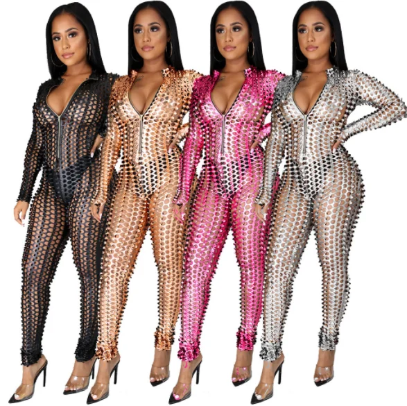 

Foma clothing A6628 2021 new women clothing shiny hollow out club ladies sexy jumpsuit, As pictures