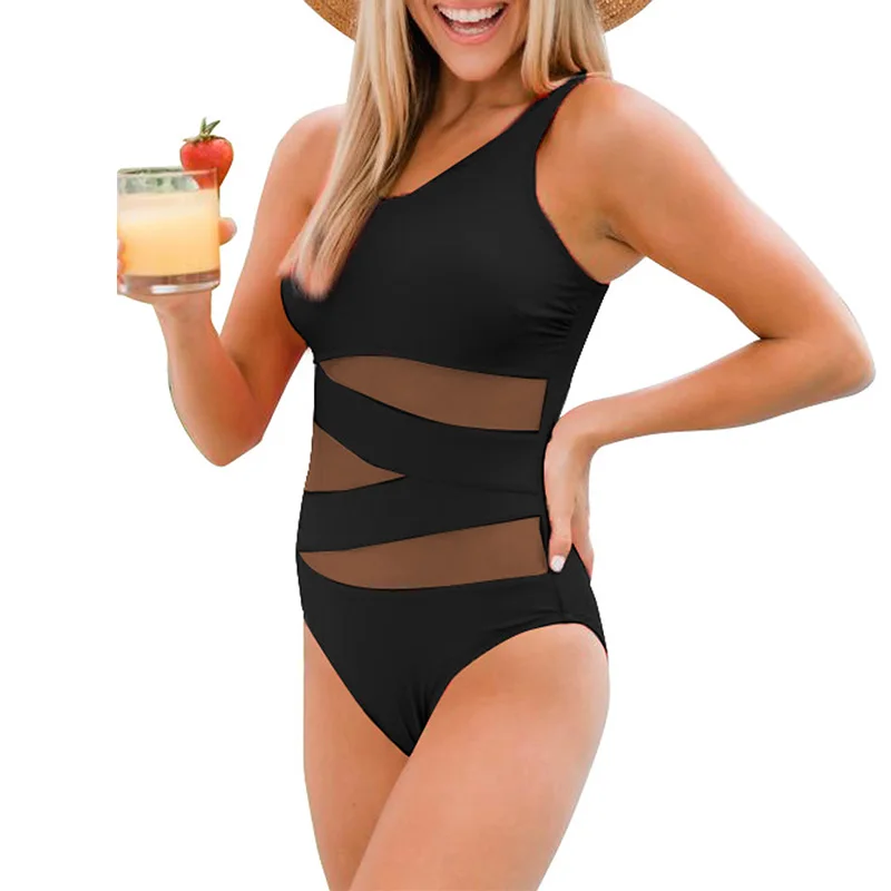 

Fashion Custom Women One Shoulder Swimsuit Mesh Sexy Lady Swimwear One Piece