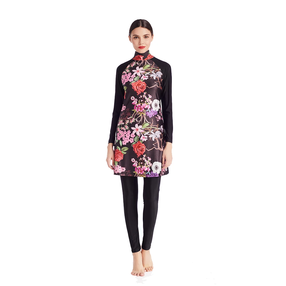 

Tranditional Conservative Three Pieces Floral Burkini Swimwear Maxi Length, Black
