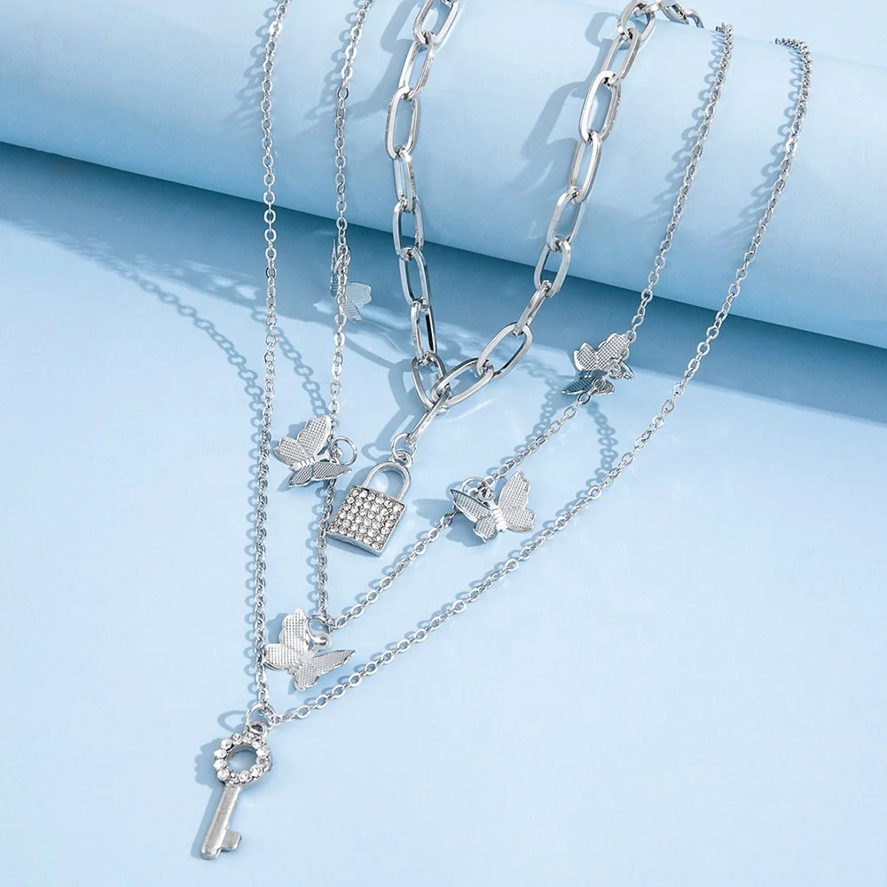 

3pcs Women's Personality exaggerated butterfly full diamond lock key pendant Layered necklace