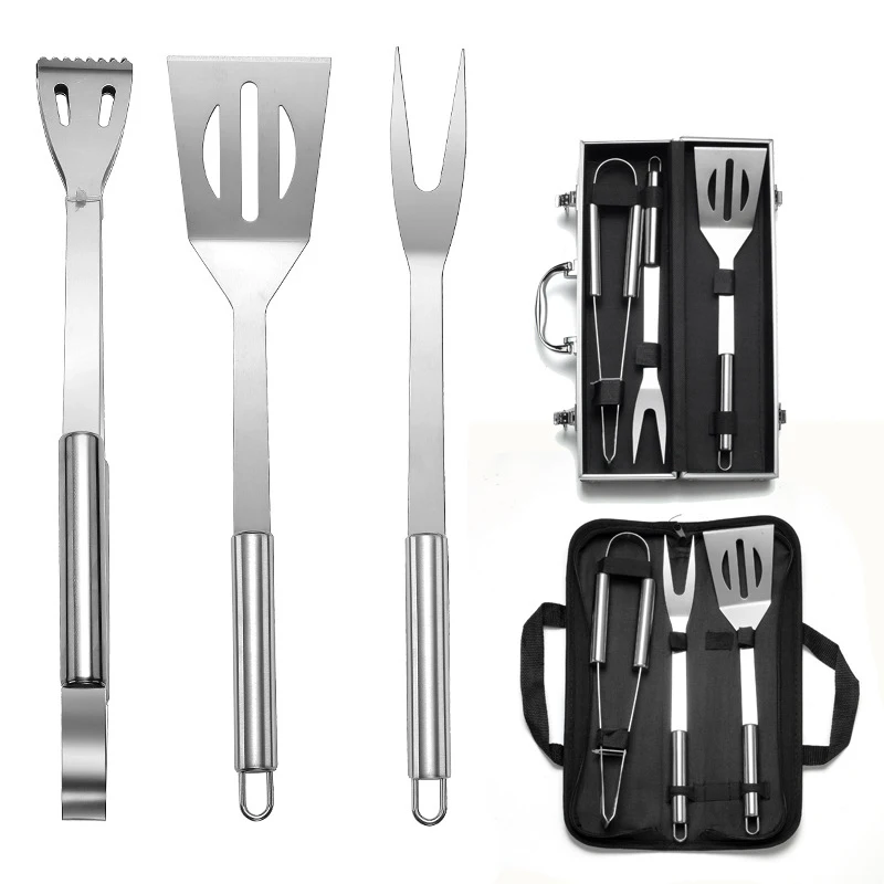 

A3105 Outdoor 3PCS Stainless steel BBQ roast Clip grill set Oxford bag Brush barbecue fork Broiler Home BBQ Tool Set