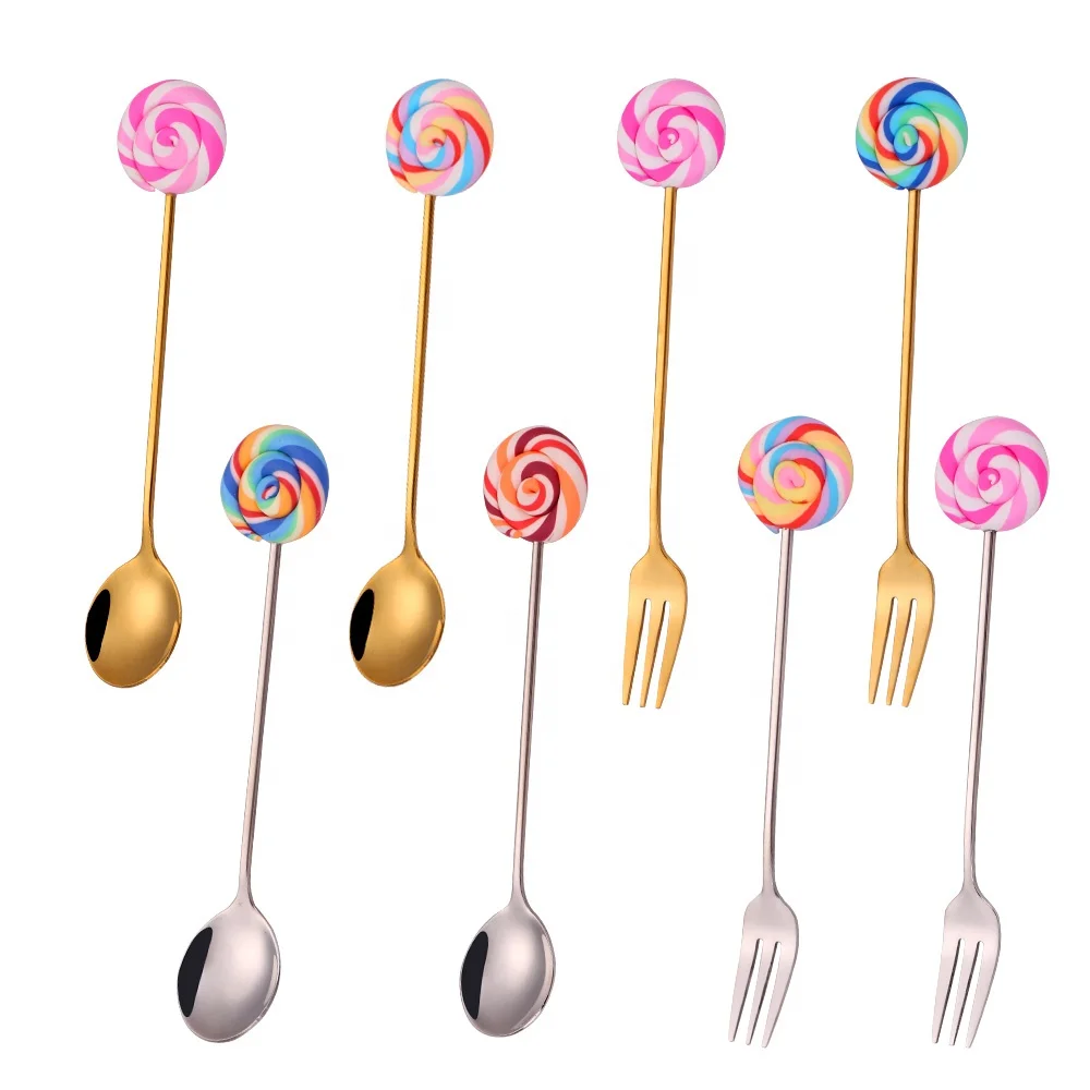 

18-10 Colorful Lollypop Spoon 304 Stainless Steel Tableware Creative Cartoon Fruit Fork Dessert Spoon Set For Gift, Gold, silver
