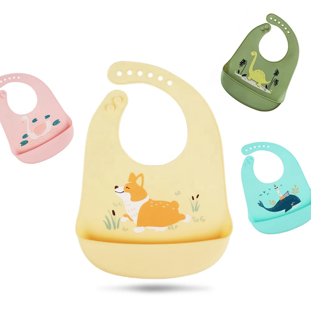

Cute Dog Animal More Design Waterproof Adjustable Soft Easily Clean Feeding Food Silicone Baby Bib for Babies Girl and Boy, Any color is available