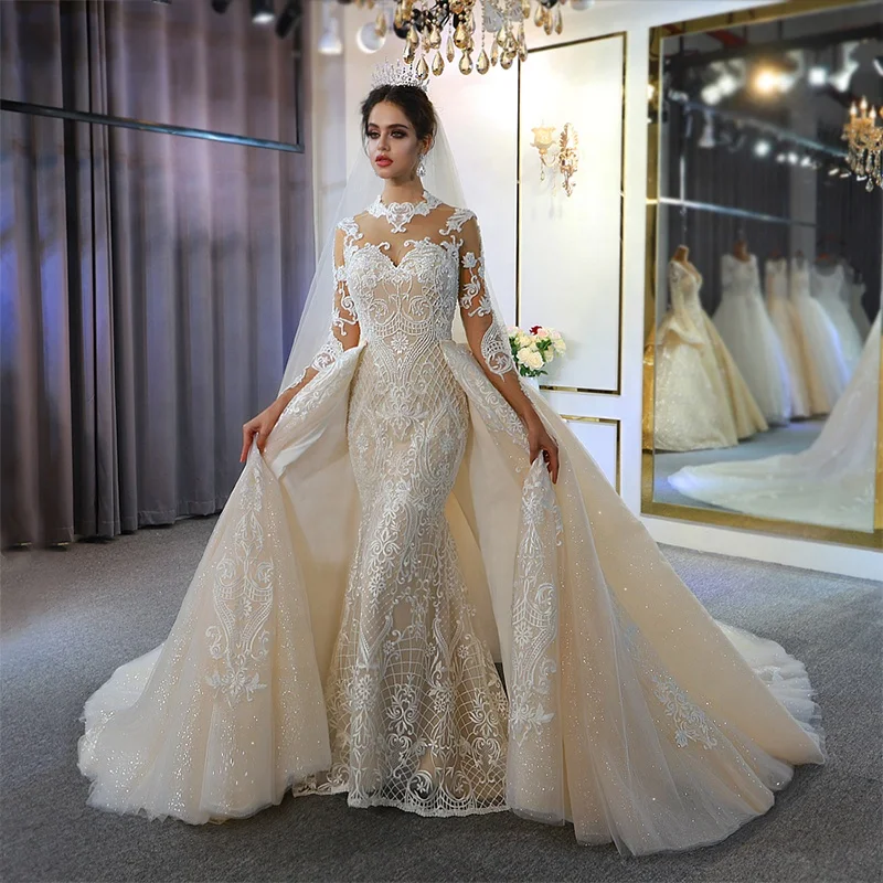 

NS3772  Sweetheart Champagne Slim Fit Removable Trailing Mermaid Bridal Wedding Dress, Ivory