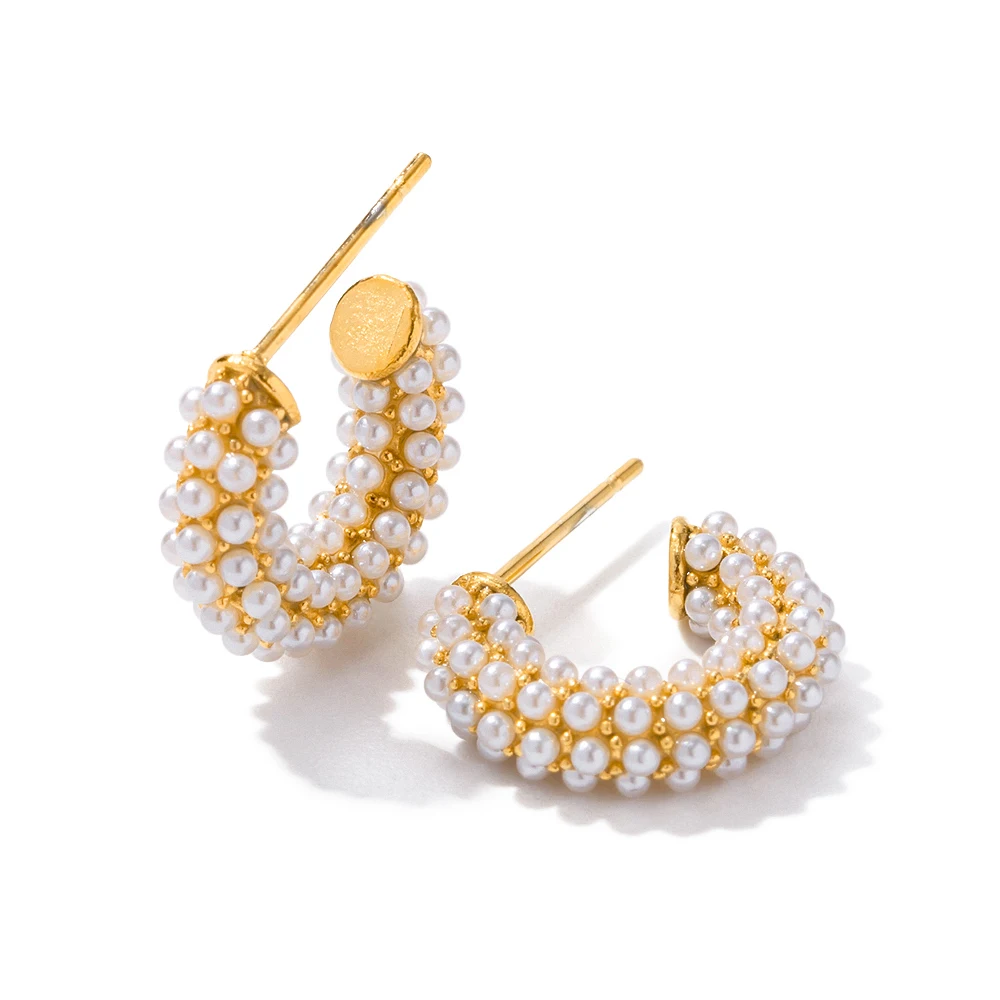 Full Pearl Chunky Hoop Earring 18k PVD Gold Plated Stainless Steel Beads Surface Pearl Dainty C Shape Earring