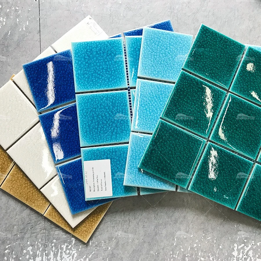 

4 Inch Large Square Blue Bathroom Mozaic Waterline Glazed Ceramic Porcelain Green 100x100mm Crackle Swimming Pool Tile Mosaic