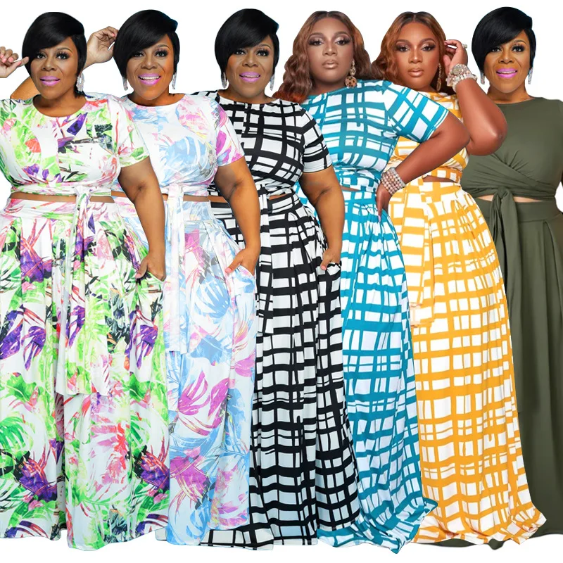 

Women Summer Plus Size Two Piece Set Sexy Skirt Set Crop Top+Maxi Long Skirt Floral Printed High Waist Casual Two Piece