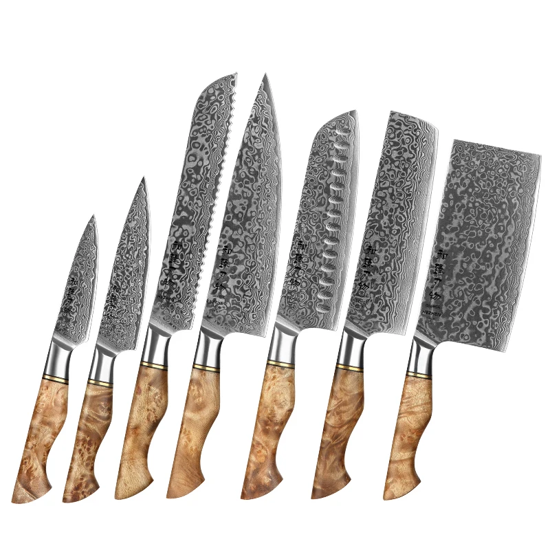 

7 Pcs Knife Set Kitchen Damascus Steel with Figured Sycamore Wood Handle Luxury 67 Layers Damascus Steel Daily Kitchen Cut Usage