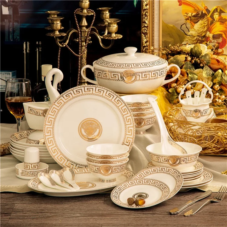 

Hot Sale 60 Pcs Western Royal Home Hold Ceramic Dinnerware Sets, Gold and white
