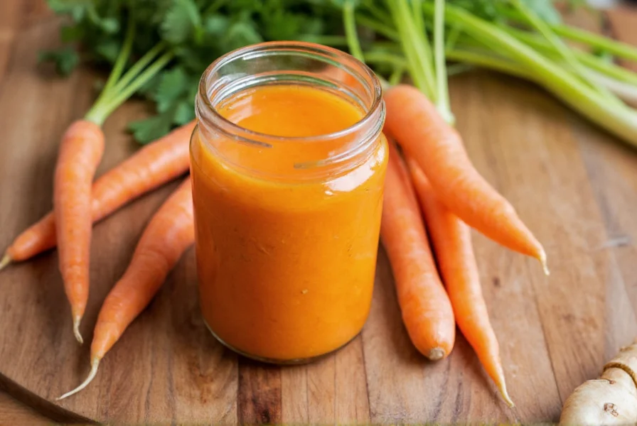 Fresh carrot ginger dressing in glass jar with carrots and ginger on wooden table