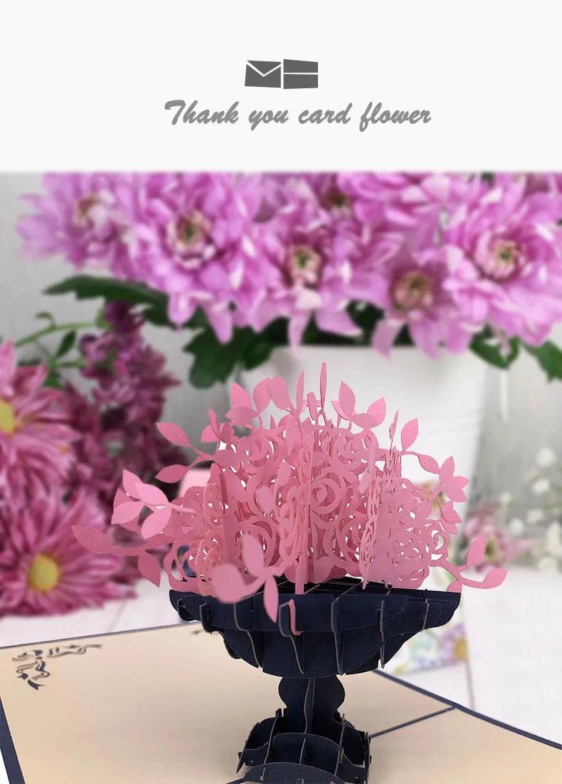 customised 3d pop up laser cut pink flower thank you card custom with logo