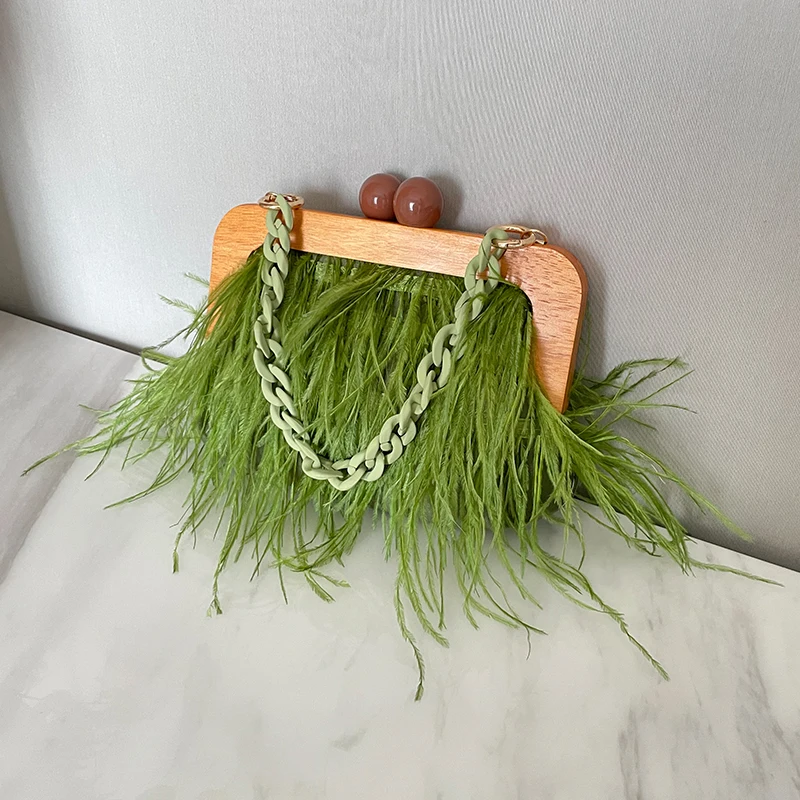 

Designer Woman's Wooden Frame Ostrich Feather Clutch Bag Faux Fur Acrylic Chain Bags Feather Tote Handbag For Woman Luxury, Pink/black/white/green