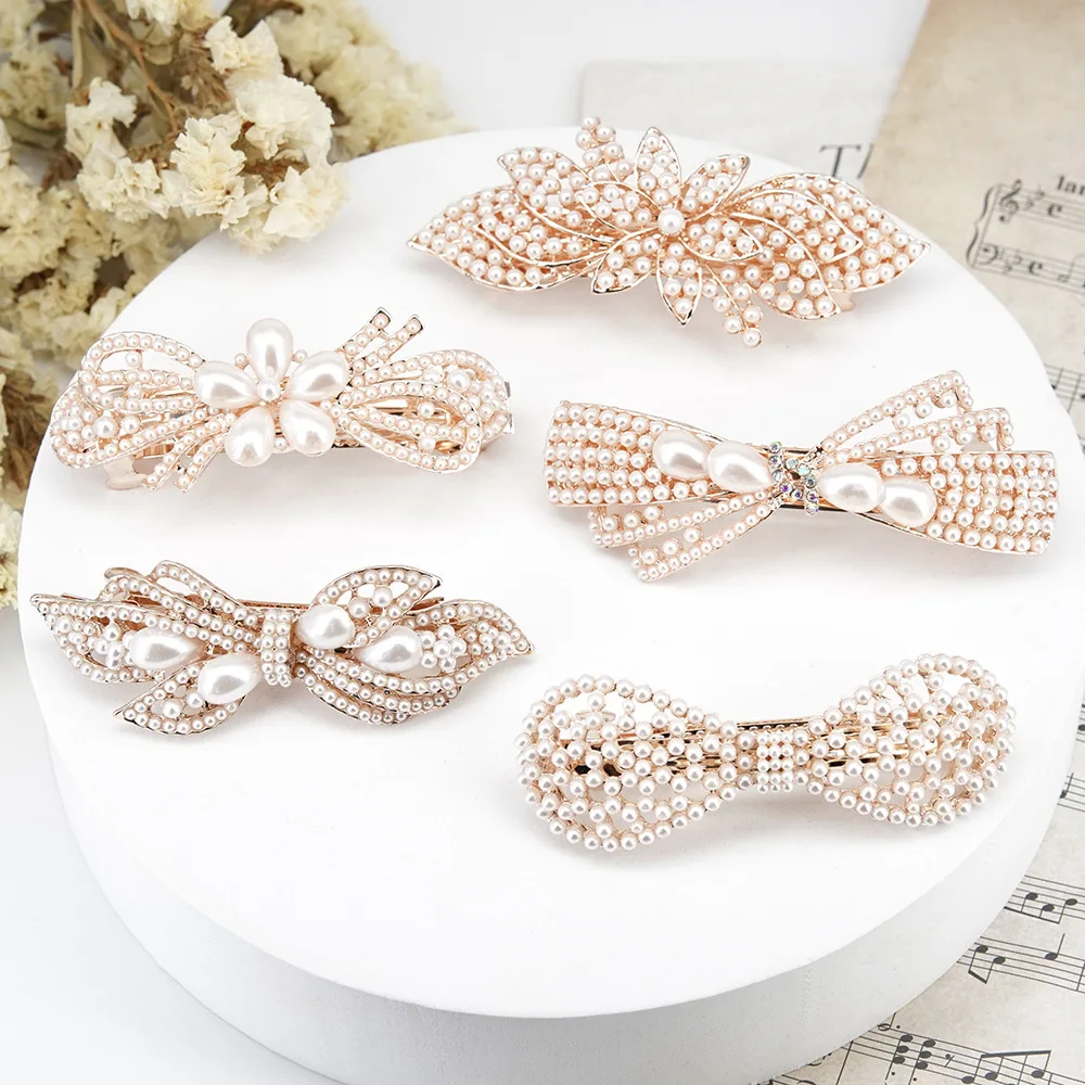 HGT116 Wholesale Fashion Pearls Barrette Women Flower Barrette Pearl Hair Clip