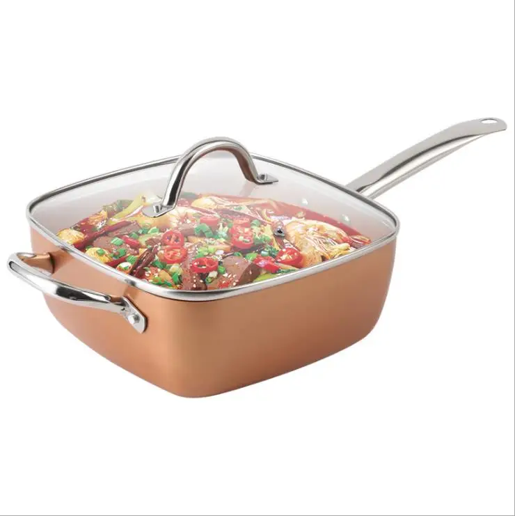 
Copper 9.5 Inch Square Deep Chef Frying Pan With Lid - Skillet with Non Stick Coating Cookware For Saute And Grill 