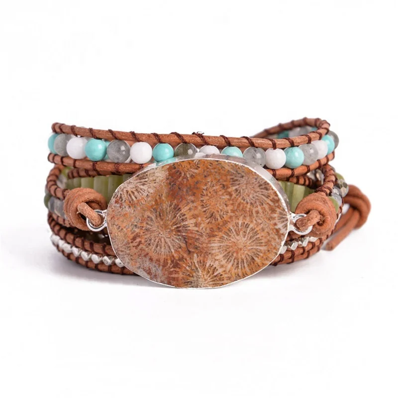 

New 5X Leather Wrap Beaded Accessories Bracelet Natural Chrysanthemum Stones Boho Chic Jewelry Women