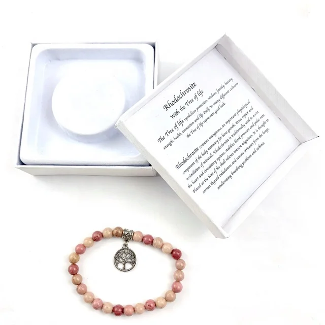 

Gemstone 6mm Rhodochrosite bracelet with Tree of life charm packaged in giftbox and property description of the stone hot item