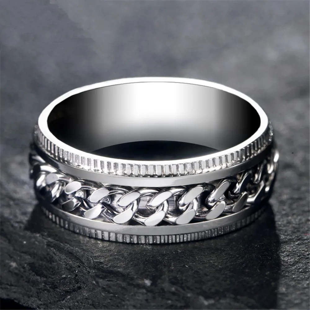 

Hot Selling 8mm Spinner Stainless Steal Metal Embossed Rotating Chain Ring Simple Titanium male Steel Ring Men's Rings, Support custom