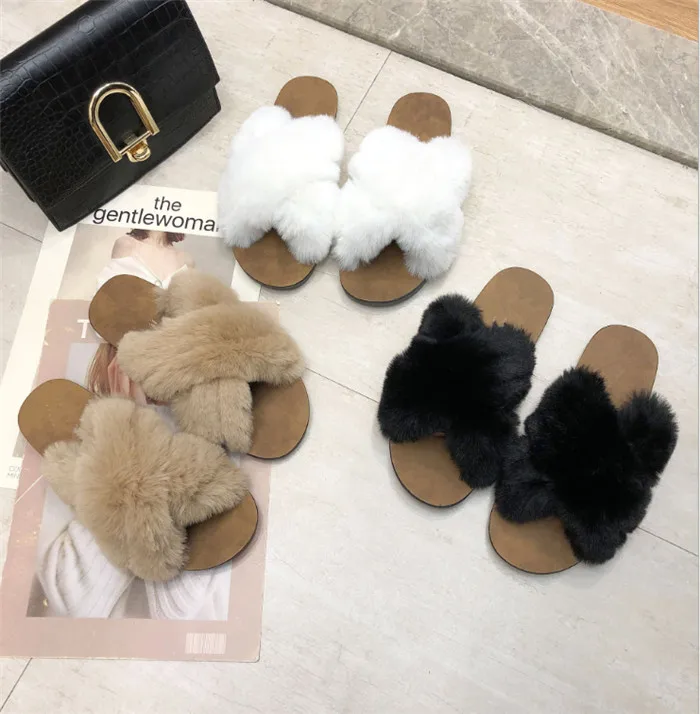 

Ladies winter indoors outdoor slippers furry slippers cross faux fur upper slippers women fur slides, Black,white,khaki