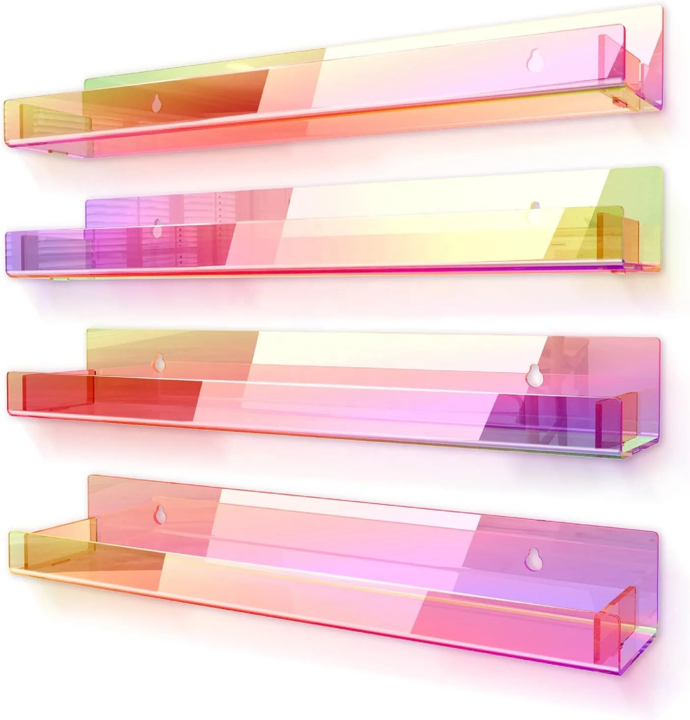 

4 Pack Wall Mounted Shelves Clear Rainbow Iridescent Acrylic Nail Polish Holder Organizer Display Book Shelves