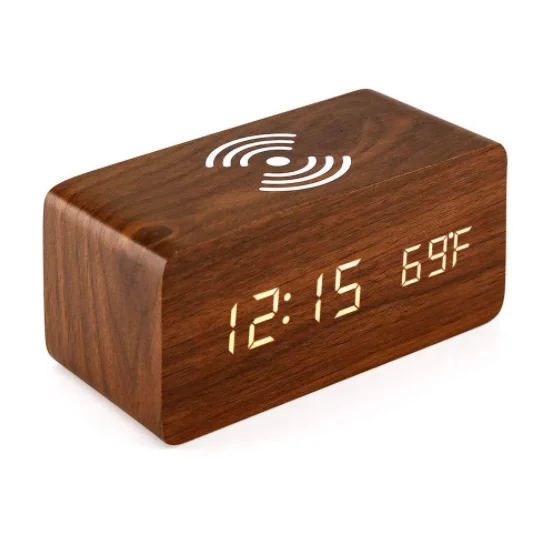 Wood QI Wireless Phone Charger charging LED Calendar Time Temperature Voice Control Brightness Adjustable Digital Alarm Clock