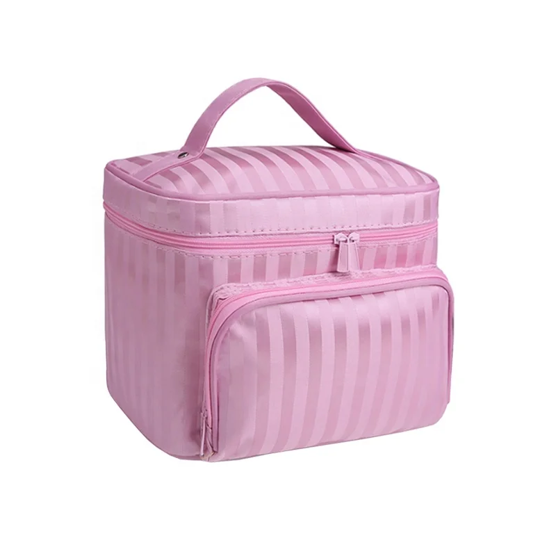 

Custom Wholesale Women Makeup Travel Bulk Pink Polyester Cosmetic Bag Durable Makeup Case Opp Bag Cosmetics Convenience Striped