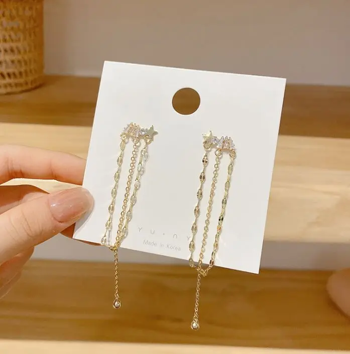 

Vintage fashion zircon tassel earrings female five-pointed star long earrings S925 silver post earrings jewelry