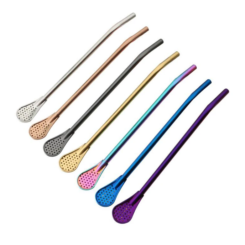 

304 Stainless Steel Drinking Straw Gourd Bombilla Filter Spoons Reusable Metal Pro Tea Tools Bar Accessories, Silver/bronze/black/gold/dazzle/blue/purple