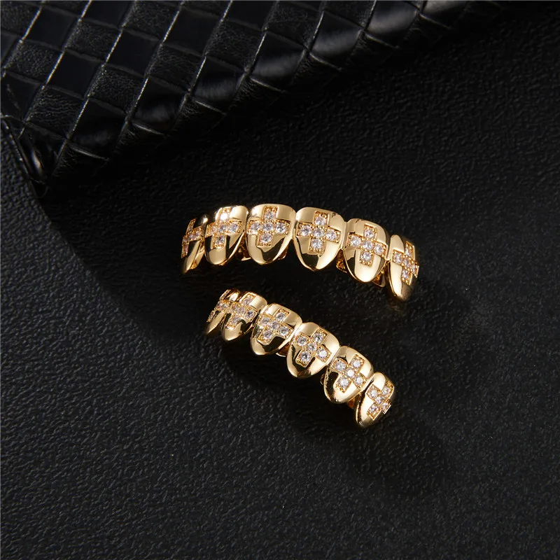 

New Arrival Mens Hiphop Gold Dimoand Teeth Grillz Top & Bottom Iced Out Grill Dental Hip Hop Cubic Zirconia Grillz Teeth
