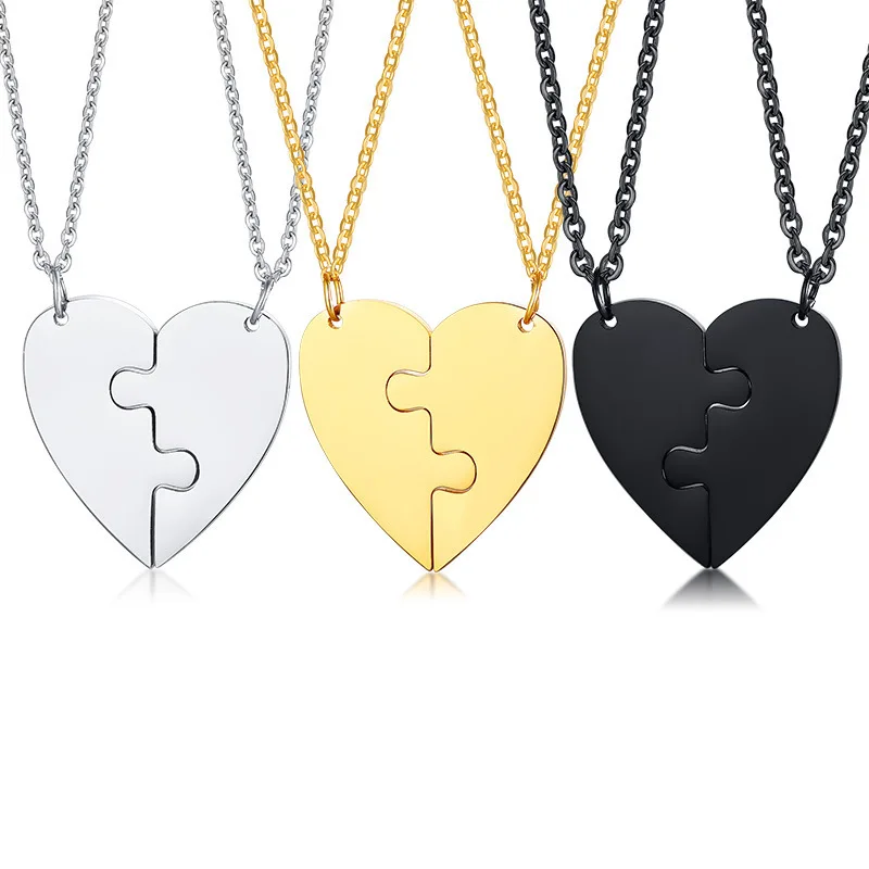 

Best Friend Couples Valentine's Day Gift Puzzle Jigsaw Engravable Stainless Steel Blank Heart Shape Pendant Jewelry Necklace, Silver,gold,black