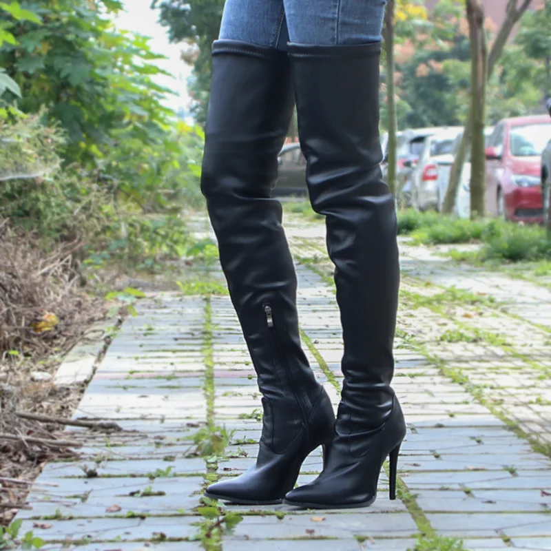 

10% Winter Black Elasticity Genuine Leather Pointed Slim Zipper Over Knee Boots Stiletto High Heels Women's Plus Size Shoes