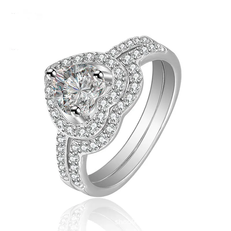 

SKA Wholesale silver heart halo engagement and wedding band rings, Picture