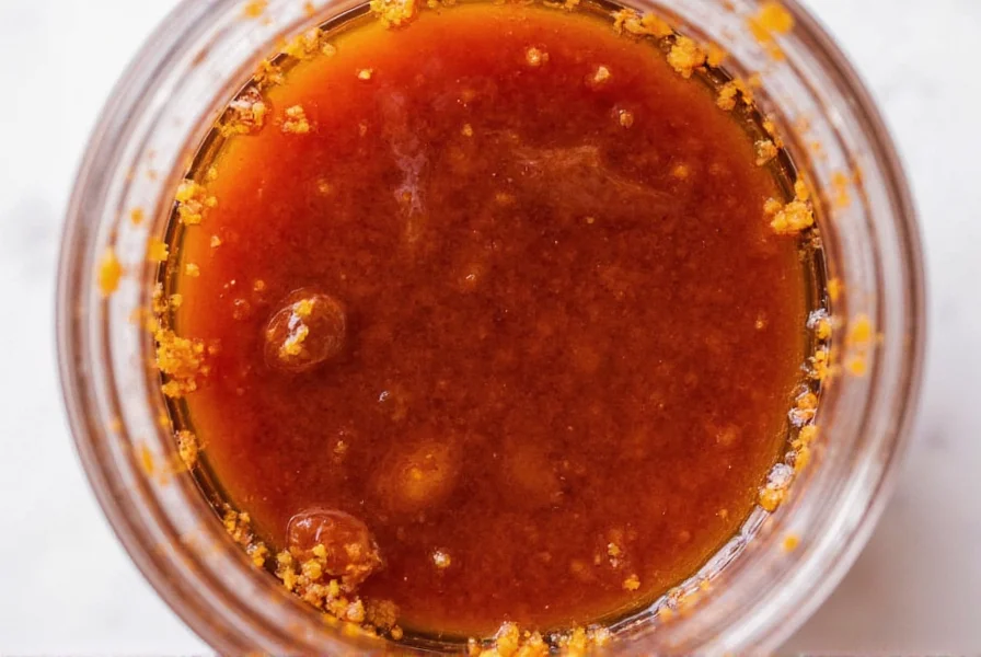 Close-up photograph of Trader Joe's Chili Crisp jar showing the reddish-brown oil with visible crispy garlic and chili flakes