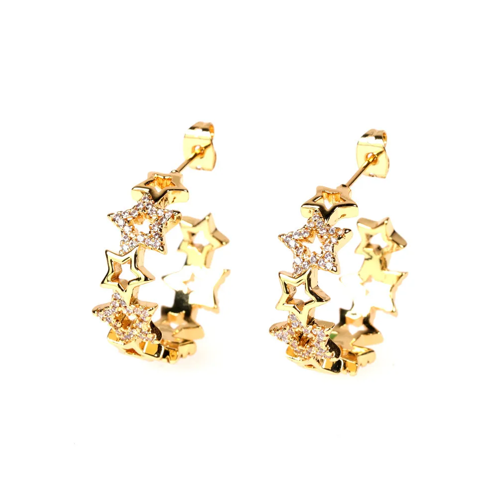 

2021 New Arrival Real Gold Plating Micro Paved Cubic Zircon CZ Star Stud Earrings Ins European CZ Hollow Star Earrings