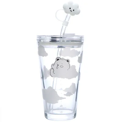 

Summer simple large-capacity cute cloud bear glass straw student cup, As the picture show