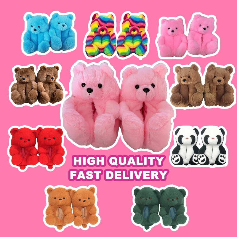

Winter Faux Fur House Shoe toddler Fluff Fluffy Furry Plush Big Lady Sandals Slides Adult Teddy Bear Slipper For Women girls Kid, Pantone color is available